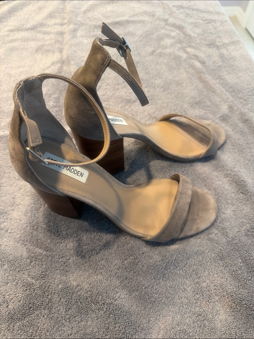 Steve Madden Taupe Suede Block Heel Sandals with Ankle Strap - Neutral